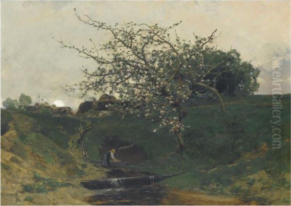 A Maid Fetching Water Under A Tree Oil Painting by Adolf Gustav Ditscheiner