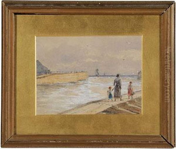 Woman And Two Children On A Boardwalk Oil Painting by Frederick Charles Dixey