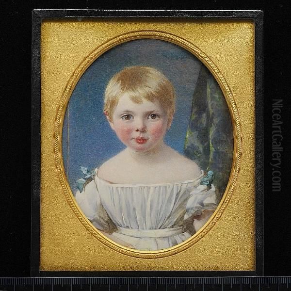 A Child, Wearing Low-cut White Dress With Small Green Bows At The Shoulders, Green Curtain Background (artist's Joins) (hairline Crack). Oil Painting by Annie Dixon