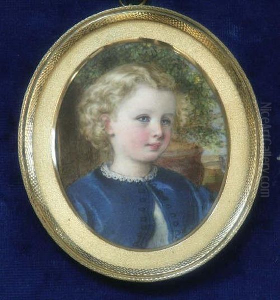 Miniature Of A Child Wearing A Blue Coat Oval 3.5 X 3in Oil Painting by Annie Dixon