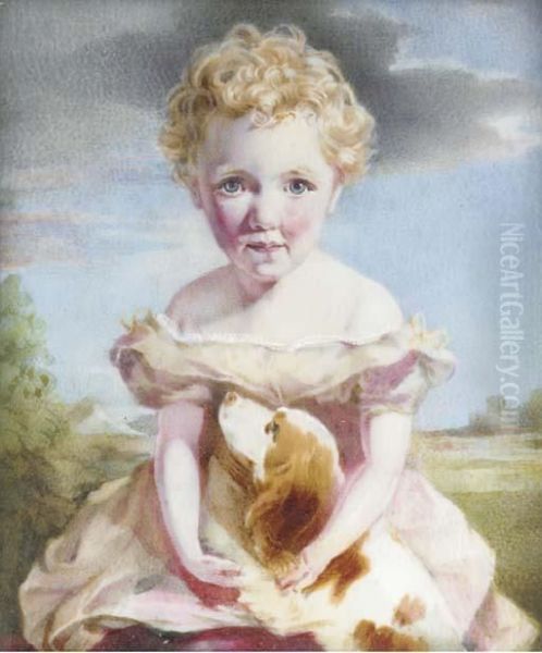 A Young Girl In A Pale Pink Dress Seated Cuddling Her Spaniel;landscape And Sky Background Oil Painting by Annie Dixon