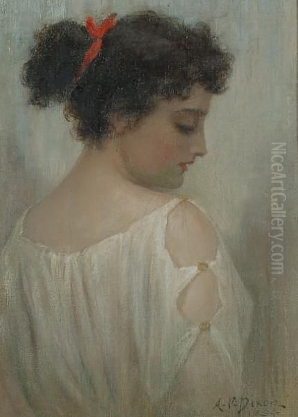 Portrait Of Young Woman With A Red Ribbon Tied In Her Hair Oil Painting by Arthur Percy Dixon