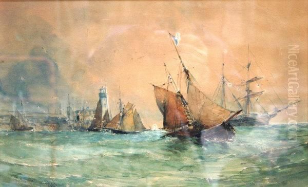 Harbour Scene With Sailing Boats On Rough Seas With Buildings In Background Oil Painting by Charles Dixon