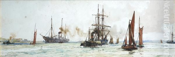 Off Tilbury,busy With Shipping And Fishing Boats Oil Painting by Charles Dixon