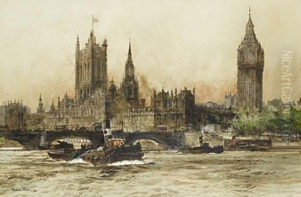 The Houses Of Parliament From The Thames Oil Painting by Charles Edward Dixon