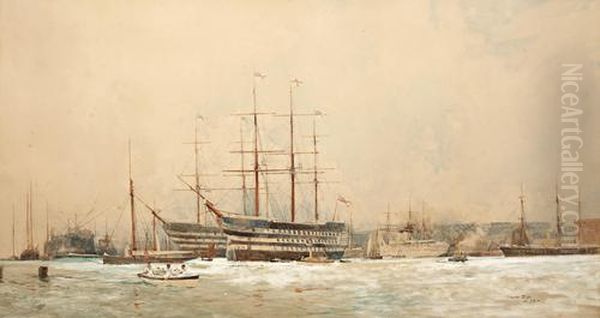 Shipping In A Busy Harbour, Possibly Portsmouth Oil Painting by Charles Edward Dixon