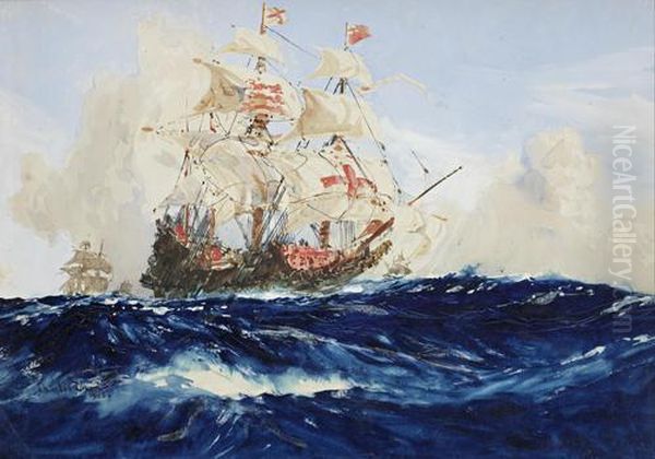 A Galleon In Full Sail Oil Painting by Charles Edward Dixon