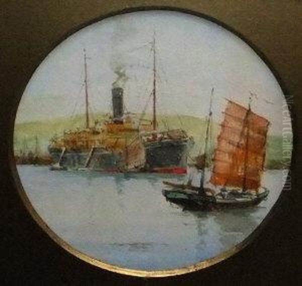 Steamer By A Harbour With Two Chinese Junks Oil Painting by Charles Edward Dixon