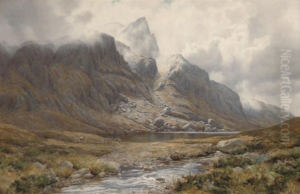 Deer Grazing Before The North Face Of Beinn Aridh Charr,ross-shire Oil Painting by Percy Dixon