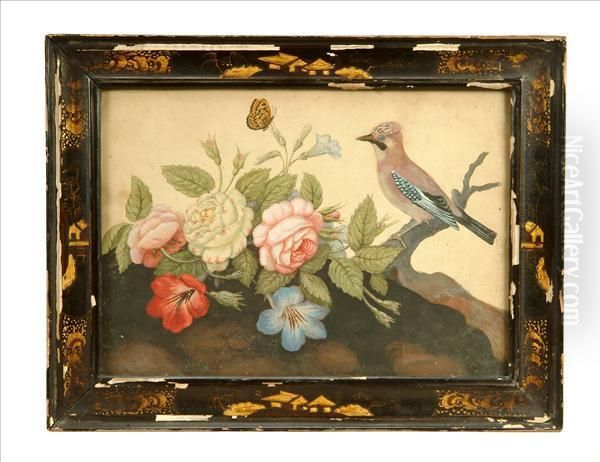 A Jay, Roses Andbutterfly Oil Painting by Samuel Dixon