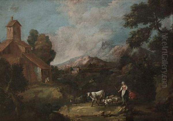 Shepherds And Shepherdess Grazing Their Cattle Before A Mountainous Landscape Oil Painting by Antonio Diziani