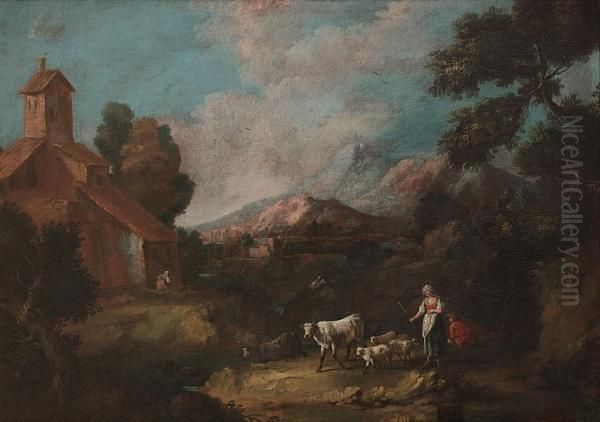 Shepherds And Shepherdess Grazing Their Cattlebefore A Mountainous Landscape Oil Painting by Antonio Diziani