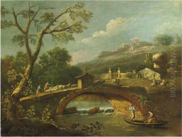 Paesaggio Con Contadini Lungo Un Fiume Oil Painting by Antonio Diziani