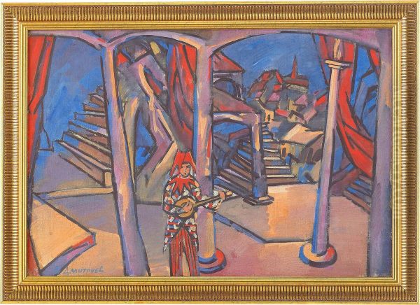 Theatre Design With A Harlequin Oil Painting by Vladimir V. Dmitriev