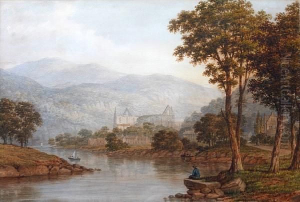 Tintern Abbey, With A Fisherman On The Banksof The River To The Foreground Oil Painting by John Dobbin