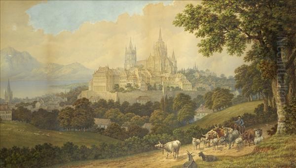 Lausanne, Switzerland, Panoramic View Of The City, Cattle, Sheep And Goats With Herdsmen In The Foreground Oil Painting by John Dobbin