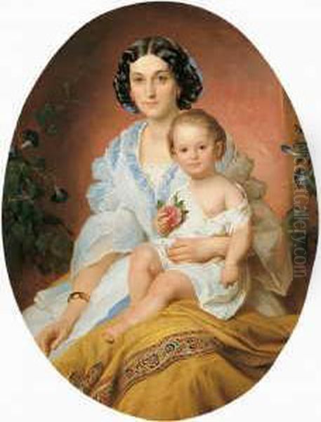 Bildnis Einer Jungen Dame Mit Ihrem Kind. Oil Painting by Franz Joseph Dobiaschofsky