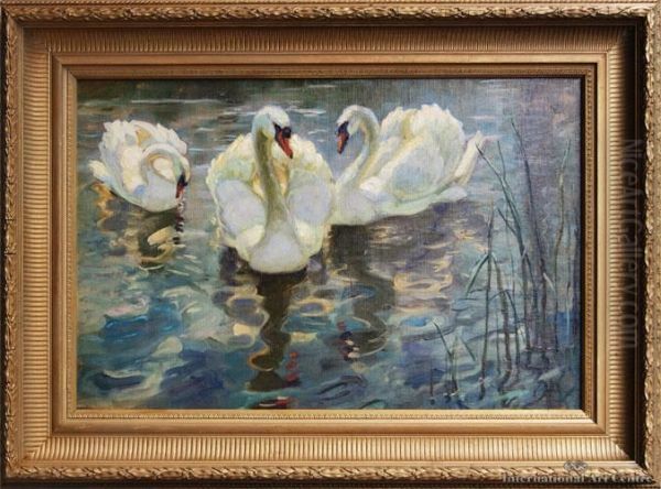 Hyde Park Swans Oil Painting by Beatrix Charlotte Dobie