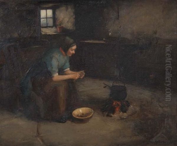 A Crofter's Cottage With Figure Preparing The Evening Meal Oil Painting by Henry John Dobson