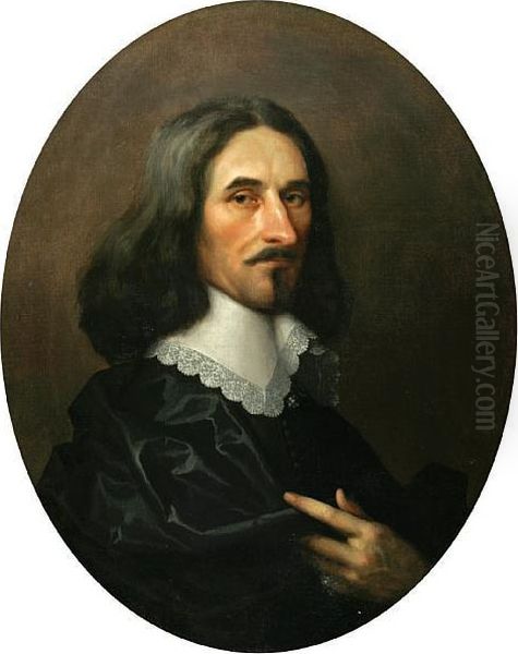 A Portrait Of A Gentleman In A Black Robe Witha Lace Collar Oil Painting by William Dobson