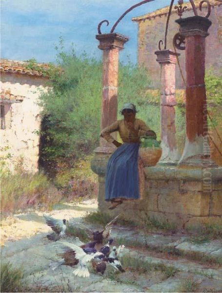 Feeding Pigeons At The Well Oil Painting by Edward Docker