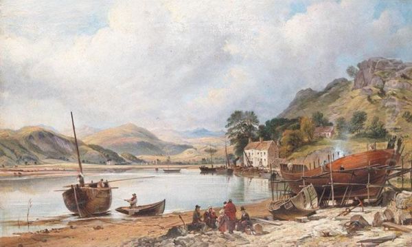 Shipbuilding At Penmaenpool, Merioneth Oil Painting by Charles Tattershall Dodd