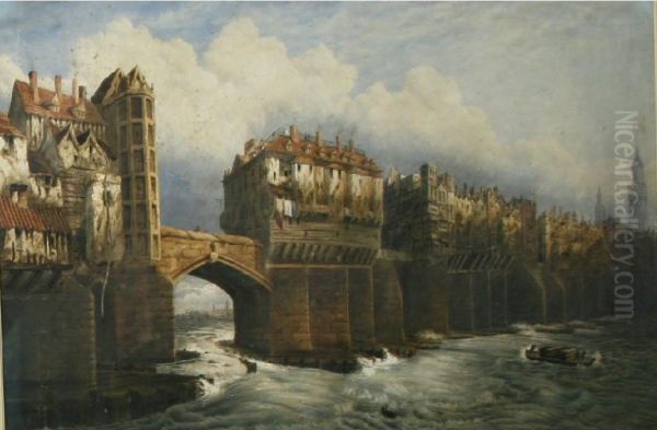 A View Of The Old London Bridge Oil Painting by Joseph Josiah Dodd