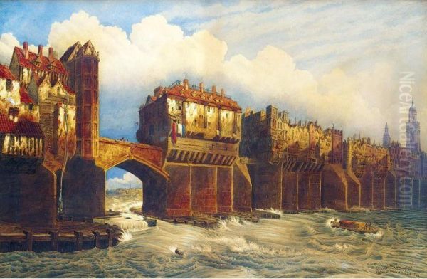 Old London Bridge In 1745 Oil Painting by Joseph Josiah Dodd