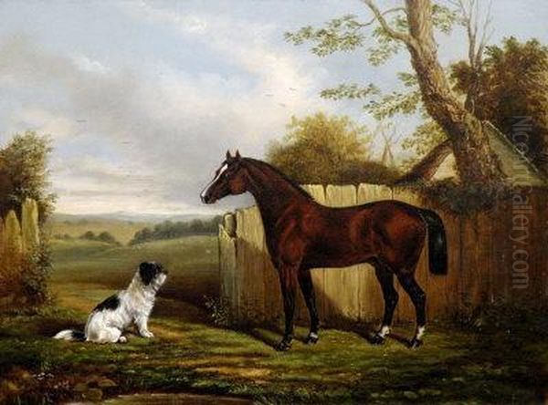 A Portrait Of A Chestnut Racehorse With Terrier In A Landscape by Ralph Dodd