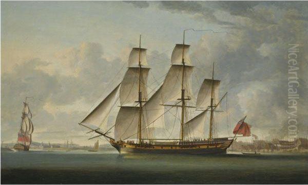 The East Indiaman Delaford, In Two Positions, Passing Deptford, Theroyal Hospital At Greenwich Beyond Oil Painting by Robert Dodd