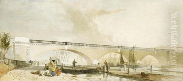 Figures Gathered Before The Regent's Viaduct, London Oil Painting by George Haydock Dodgson