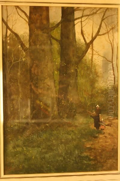 Houtsprokkelaarster Met Kind In Het Bos Oil Painting by Johan Hendrik Doeleman