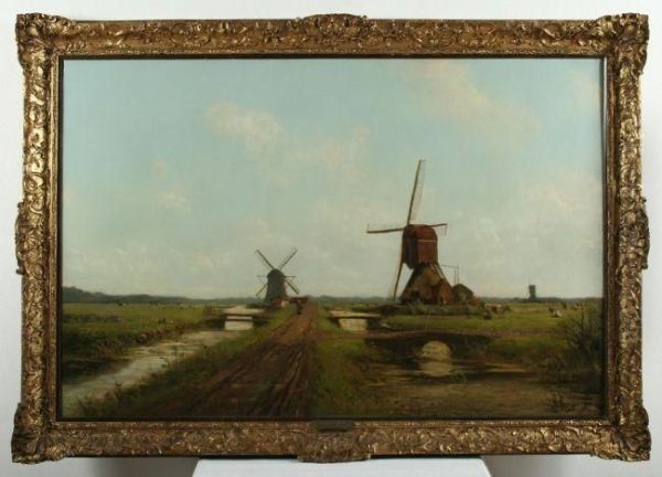 Zwei Windmuhlen An Einem Kanal Oil Painting by Johan Hendrik Doeleman