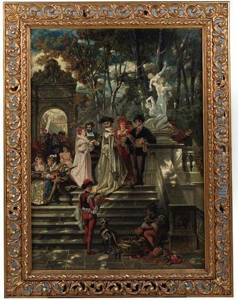 An Italian Renaissance Garden Party Oil Painting by Karl Emil I Doepler