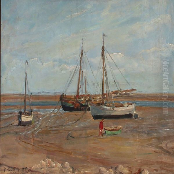 Sailing Boats At Sonderho Beach On Fano, Denmark Oil Painting by Heinrich Dohm