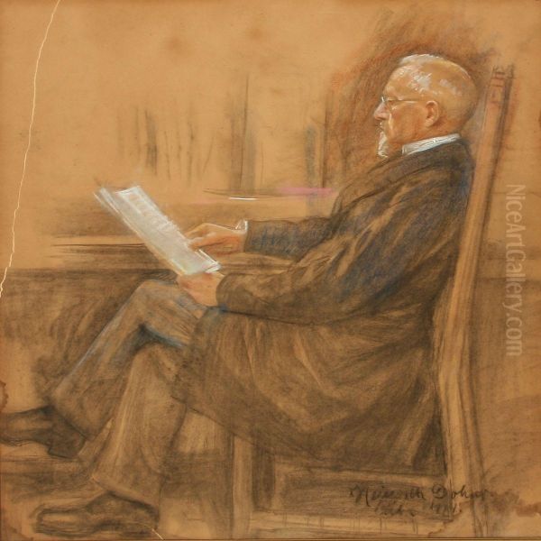 Portrait Of Christian Hoyer Reading Oil Painting by Heinrich Dohm