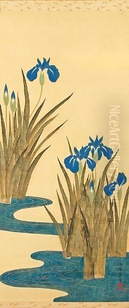 Irisesbeside A Stylized Curving Stream Oil Painting by Sakai Doitsu