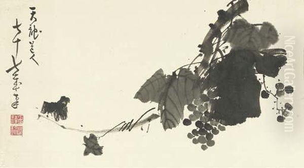 Grapes On Vine Oil Painting by Tenryu Dojin