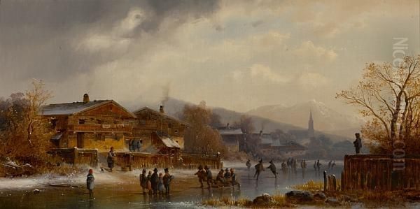 Figures Skating On A Frozen Stream By A Village Oil Painting by Anton Doll