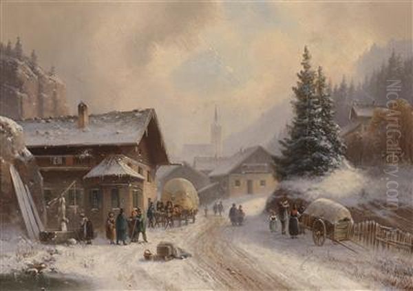 Village Street Im Winter Oil Painting by Anton Doll