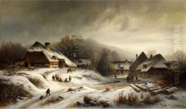 Verschneite Dorflandschaft Im Abendlicht Oil Painting by Anton Doll