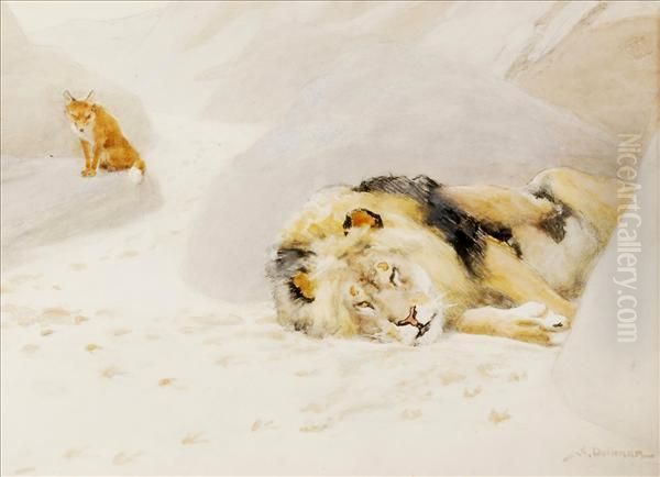 Fox Andslumbering Lion Oil Painting by John Charles Dollman