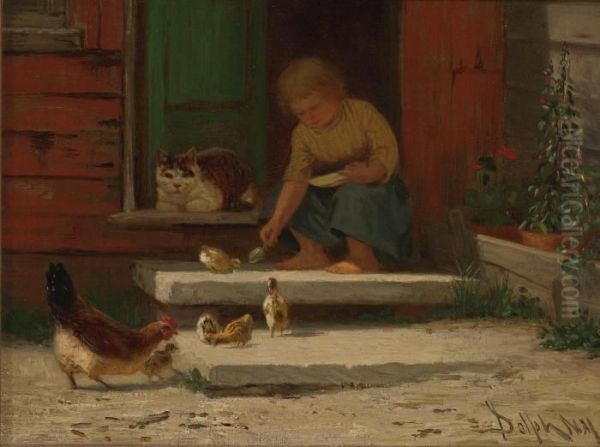 Feeding The Chickens Oil Painting by John Henry Dolph