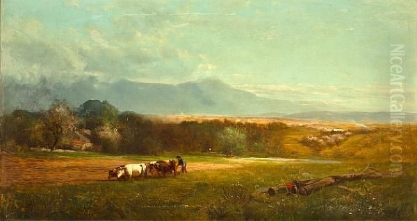 A Farmer With A Plough In A Landscape Oil Painting by John Henry Dolph