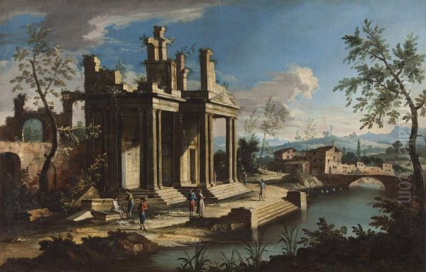 Rovine Di Un Edificio Classico Di Ordine Corinzio Presso Un Fiume Oil Painting by Apollonio Domenichini