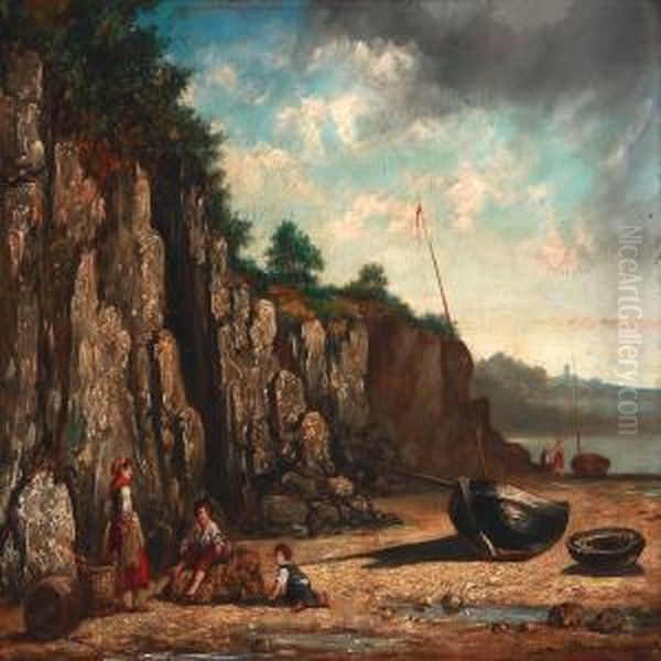 Beach Scene With A Fisher Family And Sailboats Oil Painting by Martin Domicent