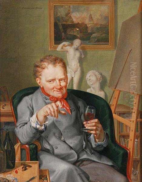 A Painter With A Glass Of Red Wine Oil Painting by Oechs Josph Dominikus