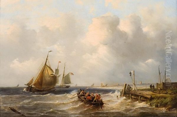 Zeilboten Voor De Kust Oil Painting by Pieter Christiaan Cornelis Dommersen