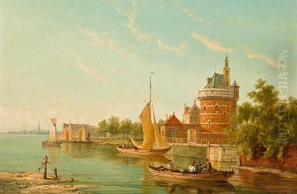 The Watch Tower At Hoorn, With Various Craft On The Zuyder Zee Oil Painting by William Raymond Dommersen