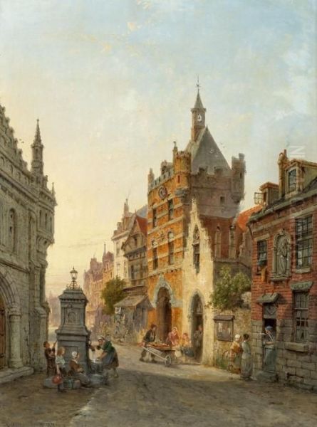 Strassenszene In Einer Niederlandischen Stadt (nijmegen?) Oil Painting by Pieter Cornelis Dommershuijzen